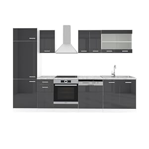 VICCO Keuken R-LINE 300 cm KEUKENSTEL KEUKENBLOK INBOUWKEUKEN – antraciet hoogglans (met werkbladen)