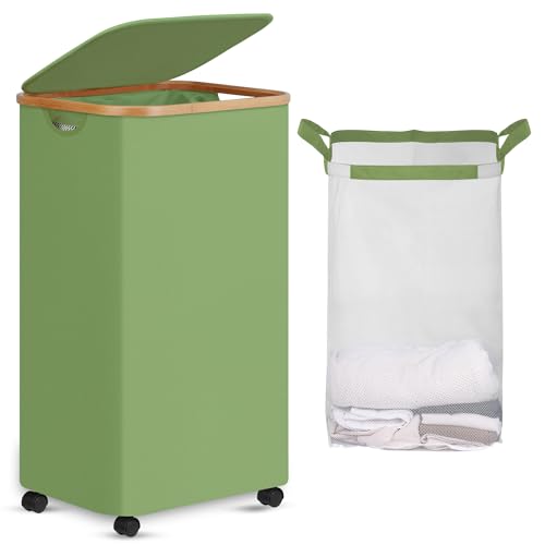 efluky Laundry Basket with Wheels, Tall Rolling Laundry Hamper with Lid and Removable Bag, Aesthetic Dirty Clothes Hamper on Wheels for Laundry Room, Bedroom, Dorm and Bathroom, 100L Green
