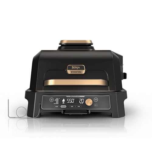 Ninja Woodfire Pro Connect XL Outdoor Grill & Smoker | Bluetooth, App Enabled | 7-in-1 Grill, BBQ Smoker, Outdoor Air Fryer | Woodfire Technology | Built-In Thermometer | Black & Gold | OG951BK1