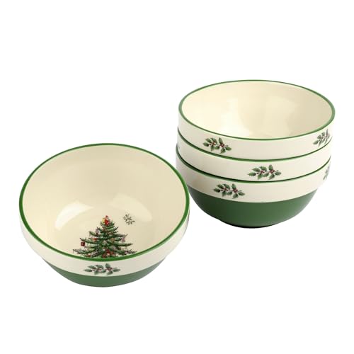 Spode Christmas Tree Collection Stacking Bowls - 5.5-Inch Ceramic Holiday Dinnerware - Set of 4 Bowls for Cereal, Fruit Salad, Breakfast, Dessert - Microwave, Dishwasher, and Freezer Safe