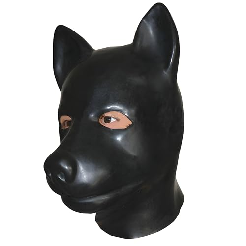 GREEFEI Schwarze Latex Hunde Hauben Maske,Gummi Kapuzen mit Rückenreißverschluss Handgefertigt,Latex Haube Cosplay Accessoires (Einheitsgröße)