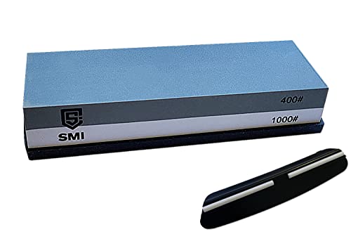 SMI Pierre a Aiguiser Affuteur Couteau Pierre à Affûter Double-Face grain 400/1000 avec Base en Silicone Antidérapant et Guide d'angle