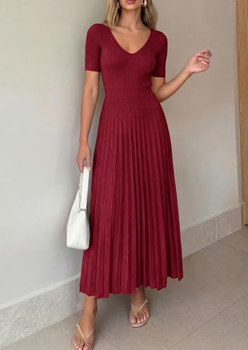 Image of PRETTYGARDEN Women's 2026 Spring Midi Sweater Dresses Elegant Pleated Ribbed Knit Short Sleeve V Neck A Line Summer Outfits