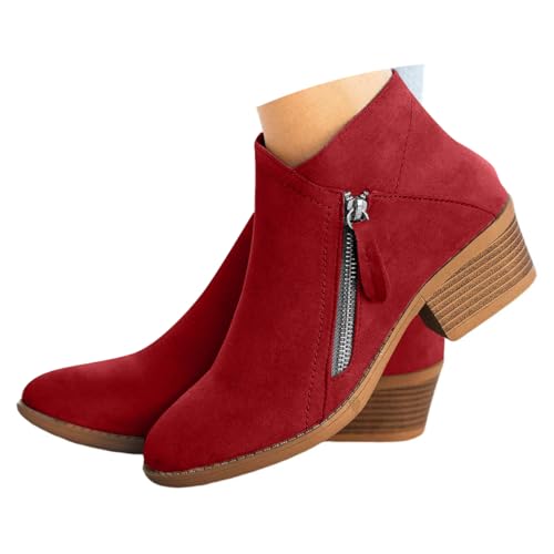 ticticlily Botines Mujer Cortas Botas de Tacón Bajo Casual Otoño Invierno Comodos Clásico Elegante Antideslizante Cómodos Boots Cremallera Vintage Fiesta Zapatos A Rojo 38 EU