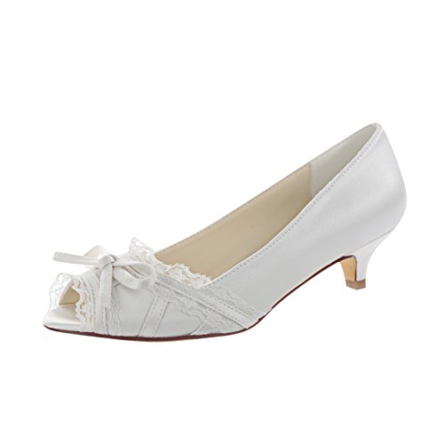Emily Bridal Zapatos de Novia de Marfil Arco de Encaje de Mujer Peep Toe Slip on Kitten Bombas de tacón (EU39, Beige)