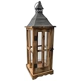 Laterne mit Glas 56 cm braune Holzlaterne mit Metalldach - Laterne für draußen - Vintage - Gartenlaterne - Windlicht Laterne - Kerzenhalter - Laterne Naturholz
