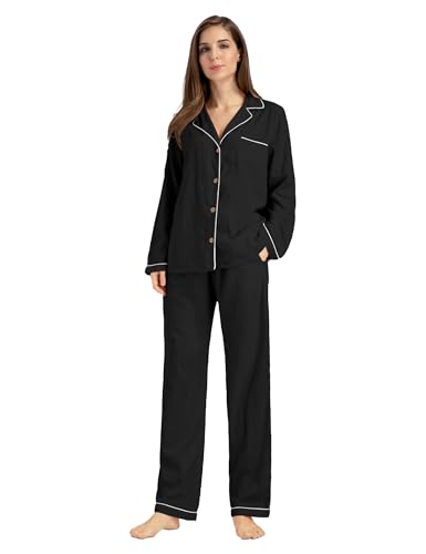 Image of Womens Muslin Pajama Set 100% Cotton Double Gauze Linen Like | Breathable Soft Comfort Button Up Loungewear Sleepwear PJ Set