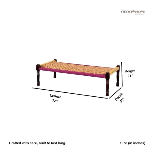 Image of Solid Sheesham Wood Charpai Khat | Handcrafted Daybed Khatiya Charpai with Cotton Rope | Traditional Khat Bed Wooden Diwan Cot for Living Room | 6X3 Feet | Yellow and Pink