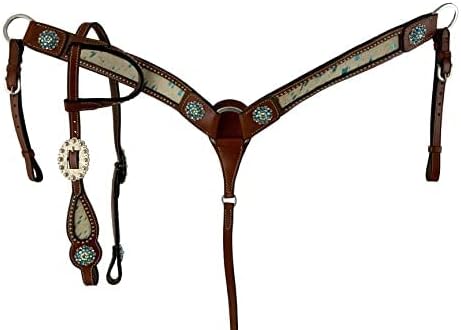 Showman Teal Acid Wash Cowhide Inlay Single Ear Leather Headstall & Breast Collar Set