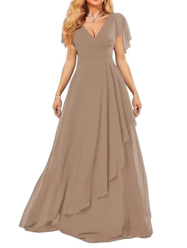 Vestidos de dama de honor de gasa para mujer, para boda, fruncido, formal, vestidos de noche, vestidos de cóctel, talla grande, marrón, 50 Grande