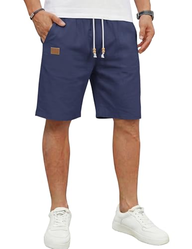 Volemo Mens Cotton Linen Shorts Summer Casual Loose Fit Drawstring Elasticated Waist Beach Shorts with Pockets Navy M