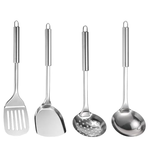 Juego de utensilios de cocina de acero inoxidable 4 unids/set espátula de acero inoxidable resistente al calor cucharón de sopa para colgar en la pared para utensilios de wok chino accesorios cucharó