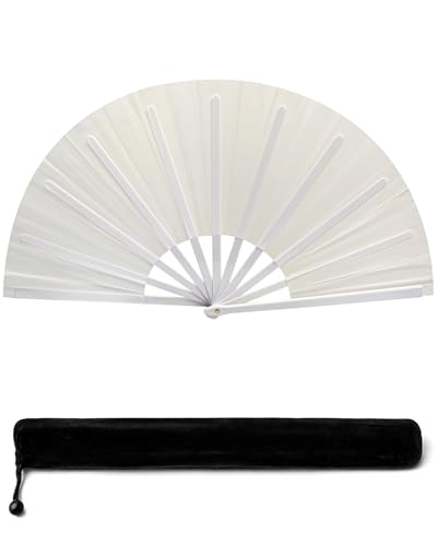13IN White Large Popping Hand Fan for Line Dancing Clacking Premium Silk Boots On The Ground Hand Fan Chinese Rave Fan for Women Dancer Drag Queen Anyone in Pride Month Party Beach EDM