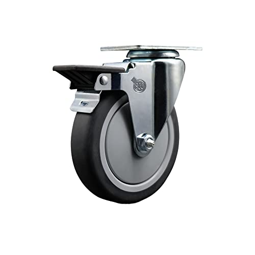 Thermoplastic Rubber Swivel Top Plate Swivel Caster with 5 Inch Gray Wheel and Posi Locking Brake - 300 lbs. Capacity Per Caster - Service Caster Brand