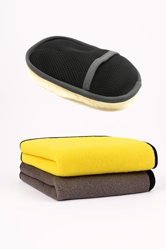 Image of 40 X 40 CM Microfiber Car Cleaning Cloth and Car Cleaning Glove, Super Absorbent and Perfect Cleaning for Bike, Car (Multi Colour) (1 pc Car Cleaning Gloves & 2 pcs Micro Fiber Cloth)