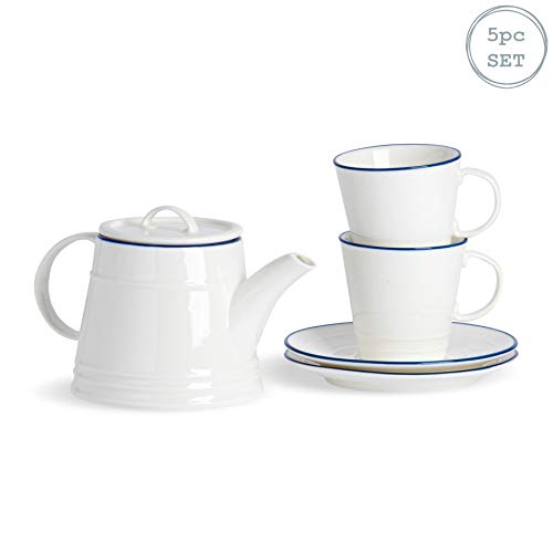 Nicola Spring Juego para Tomar té - Estilo rústico - Tetera, Tazas y platillos - 900 y 250u00a0ml - Blanco/Azul