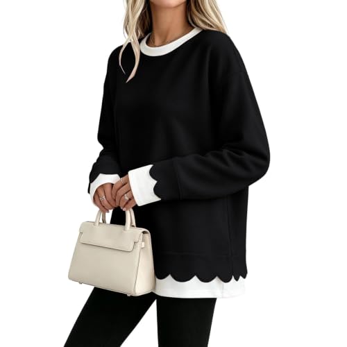 Oversized Sweatshirt for Women Cute 2 in 1 Scalloped Crewneck Sweatshirt - image 2
