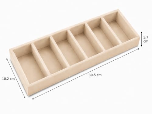 Image of La Trove 6 Slot Velvet Bangle Organizer Tray for Kada & Bracelets, Cream | Soft lined sections hold bangles, kada, bracelets, rings & chains; keeps accessories sorted in drawer, wardrobe & vanity top