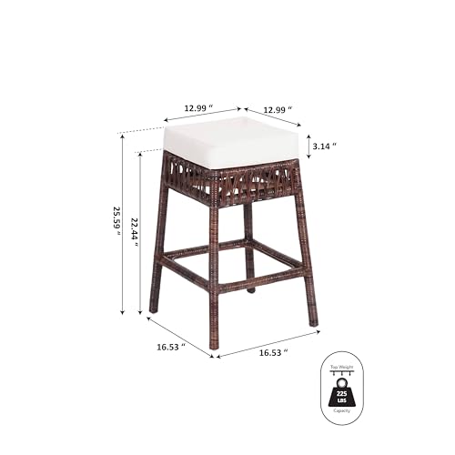 JONATHAN Y Bali 25.5" Butaco de Barra Sin Respaldo, Ratán Tejido Marrón Oscuro/Blanco, Cojín Cuadrado Acolchonado de Espuma, Estilo Bohemio Campestre, Asiento Interior miniatura 3