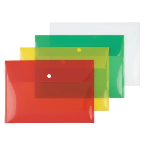 Image of Shuban Document File Folders with Snap Button Closure, Waterproof Plastic Envelope Pouches for Letter /A4 Size Paper, Assorted Transparent Colors (Style-5-Plain Transparent Folder-4Pcs-Mix Color)