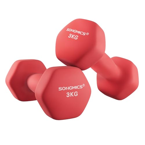 SONGMICS Set di 2 Manubri, 2 x 3 kg, Manubri Esagonale con Superficie in Vinile, per Fitness, Esercizio, Addestramento, per Palestro in Casa, Rosso Rubino SYL66RD
