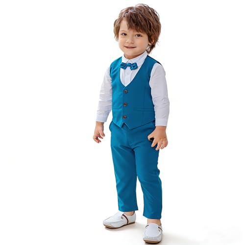 Image of Baby Boys Gentleman Formal Suit Set with Vest, Pant, Shirt, and Bow Tie, Weding 4Pcs Outfit