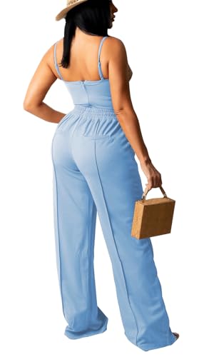 Bluewolfsea Women Sexy 2 Piece Outfits Jumpsuit Summer Sleeveless Cami Crop Top Wide Leg Long Pants Set2