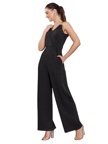 Image of Miss Chase Women's Halter Neck Sleeveless Solid Wide Leg Sequin Paneled Regular Length Jumpsuit