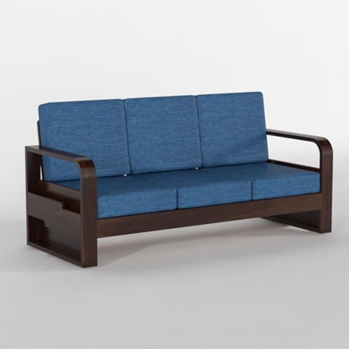 Image of Solid Sheesham Wooden 3 Seater Sofa for Living Room | Sofa with Side Pocket Storage & Cushion | Rosewood Sofa Set for Home (Walnut with Blue Cushion, 3 Seater)