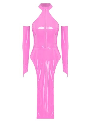 Fldy Damen Lackleder Kleid Lang Eng Neckholder Wetlook Maxikleid Hochschlitz Mit Abnehmbaren Ärmeln Rosa L