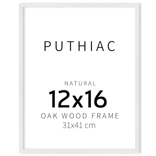 puthiac 12x16 White Oak Wood Picture Frame - Minimalist 12x16 Poster Frame, 12"x16" Picture Frame Wood, Natural Solid Wooden Picture Frames for Wall Art Photo and Prints (1 Pack, White)
