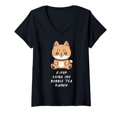 Donna K-Pop Shiba Inu Bubble Tea Ramen Kawaii Japanese Dog Lover Maglietta con Collo a V