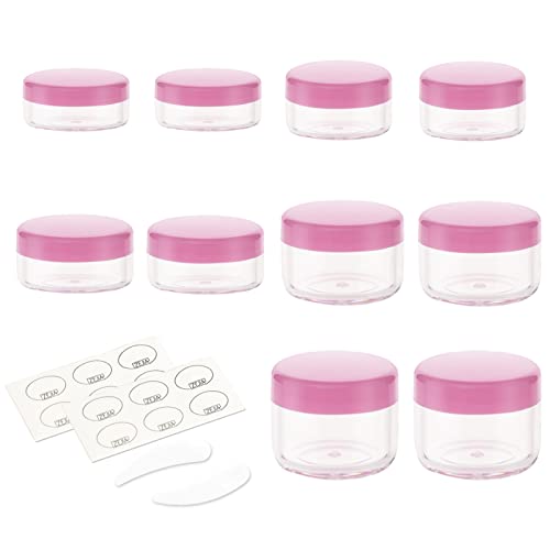 ZEJIA 10pcs Small Travel Containers, Black Sample Jars with Screw Lids, 5 Size 3/5/10/15/20 Gram, 12pcs Labels and 2pcs Mini Disposable Spatula, Makeup Sample Containers BPA Free