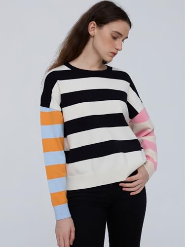 Image of Oversized Striped Sweater Women Color Block Batwing Sleeve Pullover Sweaters Fall Crewneck Knit Tops