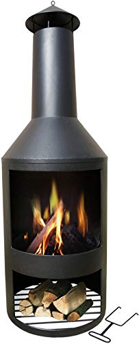 maxx MaxxGarden - Fenix Premium Gartenkamin Mit Schornstein Zum Entspannen - Terrassenkamin Mit Stahlgitter - Outdoor Kamin Mit Brennholzablageort Im Bodenraum - Terrassenofen (Ø44,5x134cm) Schwarz