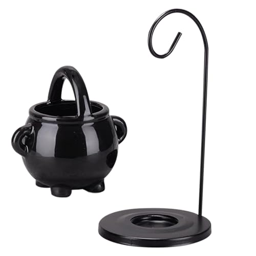 Hanging Pagan Cauldron Oil Burner, Wax Warmer Aroma Diffuser with Handle Witches Witchcraft Cauldron Halloween Ceramic Pot Gothic Home Decor Diffuser Candle Tealight(Color:Black)