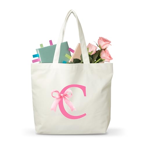 Pink Bow Canvas Tote Bag For Women, Letter C Totes Bags, Monogram Shoulder Bag Gifts For Girls Friends Teachers Nurses Coworkers, Initial Shopping Bags Gifts For Birthday Christmas Mother's Day -33