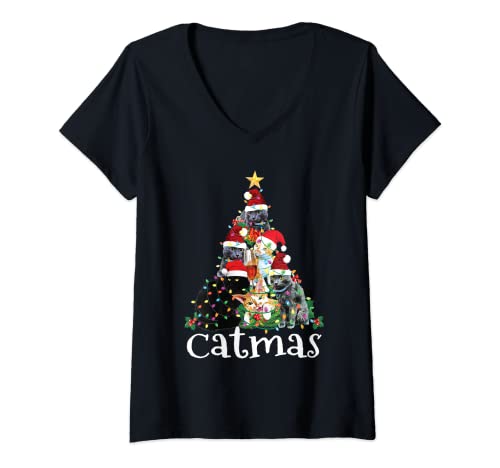 Donna Christmas Cat Tree Xmas Cat Lover Funny Merry Catmas Maglietta con Collo a V