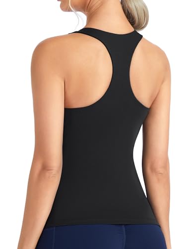 THE GYM PEOPLE Womens Longline Yoga Sports Bra Racerback Slim Fit Sleeveless Padded Workout Tank Tops Built in Bra Black