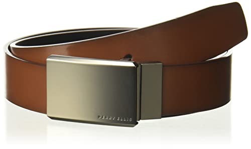Perry Ellis Men's Portfolio Reversible Belt with Matte Gunmetal Plaque Buckle, 100% Leather, Versatile, 1.5” Width