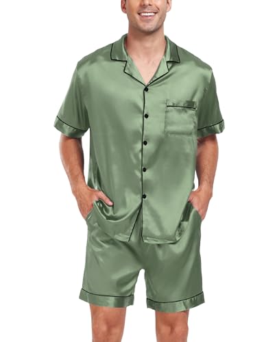 Image of SWOMOG Men Satin Silk Pajamas Sets Short Sleeve Sleepwear Button-Down PJs Sets Two-Pieces Loungewear with Pockets