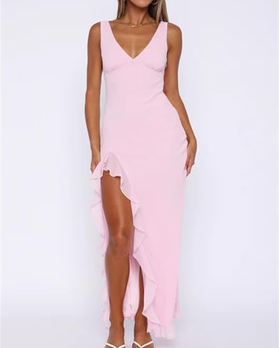 Image of houstil Women's Casual Summer Dress Strap Ruffle Beach Party Maxi Cocktail Evening Holiday Wedding Guest Dresses