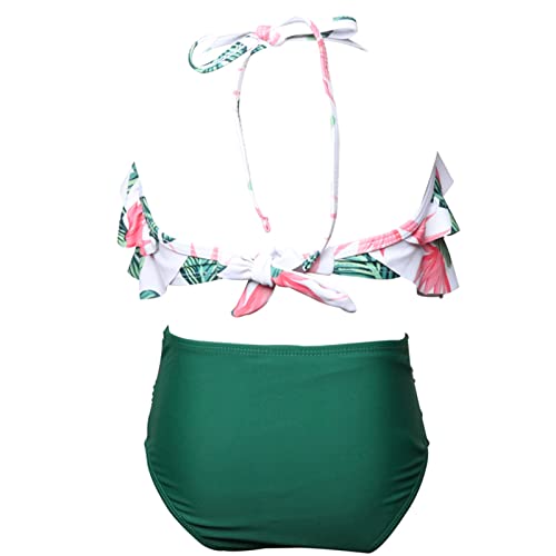Toddler Kids Girls Swimwear 2pc Set Solid Ruffle 𝐇𝐚lter Top + Floral Print Bottoms Bikini Tankini Swimming Suit2