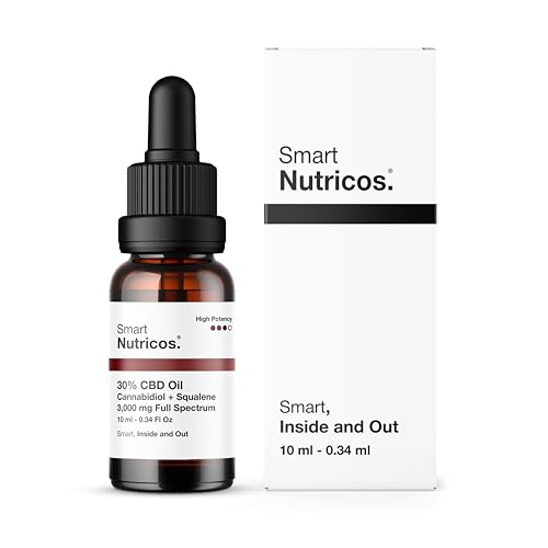 Smart Nutricos - Olio con CBD Full Spectrum al 30% + Squalene - 10 ml - Con 3.000 mg di Cannabidiolo Certificato - Base di Cocco e Semi di Canapa Biologica - Registrazione CPNP - Prodotto in Europa