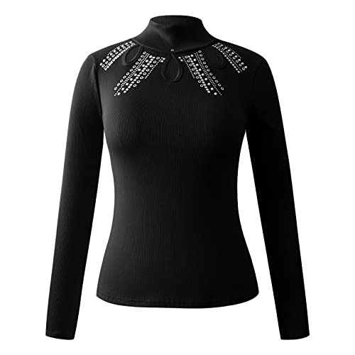 RKaixuni Rollkragenpullover Damen Sweatshirt Slim Sexy Hohl mit Glitzer Strass Kuschelpullover Strickpullover Rundhals Langarmshirt Elegante Oberteile Arbeitspullover Casual Tunic Fleecepullover
