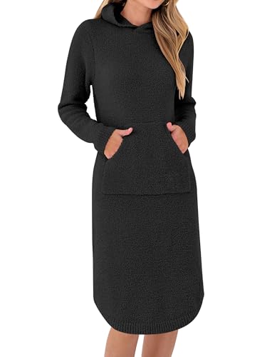 ANRABESS Womens Nightgown Fuzzy Fleece Long Sleeve Hooded Night Gown Knit House Dress with Pocket 2025 Fall Winter Loungewear