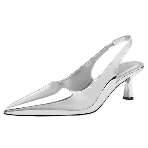 DREAMCIA Women's Pumps Slingback Heels Pointed Toe Sling Back Kitten Heels Women Metallic Slingback Pumps Bride Dresses Wedding Shoes