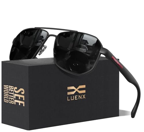 LUENX Aviator Sunglasses for Men Square Polarized Polygon Black Lens