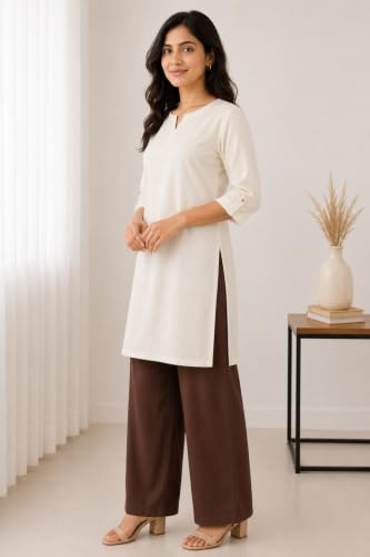Image of Women's Rayon Solid Straight Kurti | 3 /4 Sleeve | Round Neck with V Cut | Regular Fit | Casual Office Wear Kurta for Women