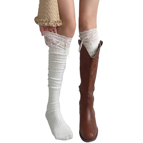 Image of White Knee High Socks, Lace Ruffle Cute Sock Lolita Stockings Kawaii Lace Top Thin Socks for Girl Women